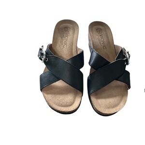 Vionic Orthaheel Wedge Sandal Womens 7 Black Excellent Leather Cork Slide Buckle